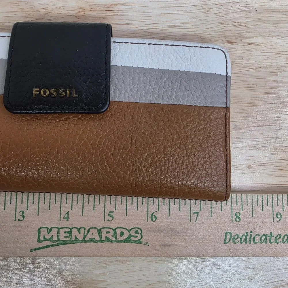 Fossil Colorblock Leather Bifold Wallet Trifold Organizer Brown Tan Black 8x3.5
